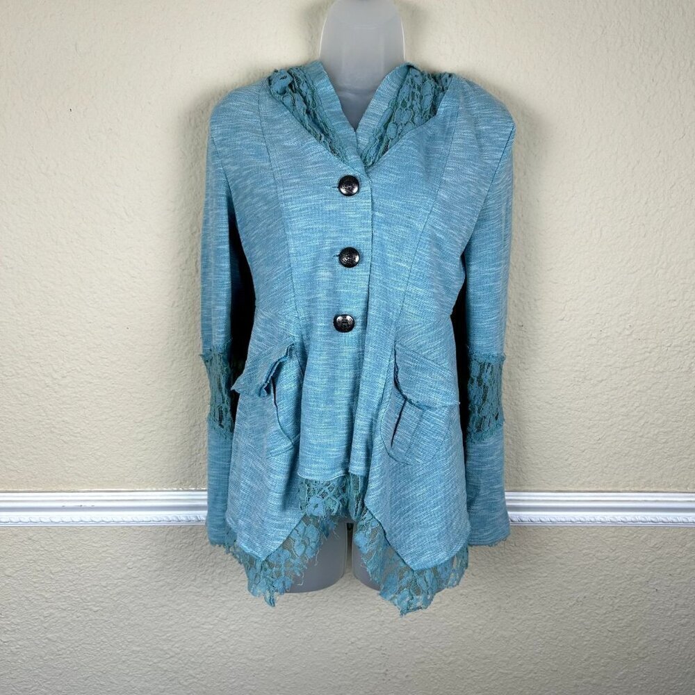 Nick & Mo Anthropologie Blue Jacket SZ Small Cottagecore Handkerchief Lace Hood